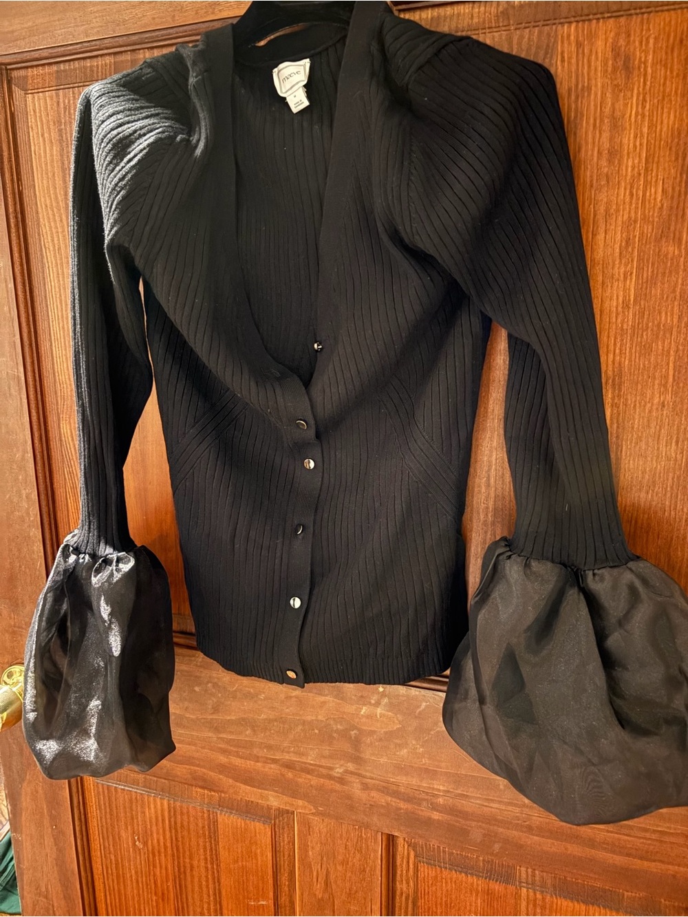 Maeve Black Ribbed Button-Front Cardigan with Statement Puff Cuffs